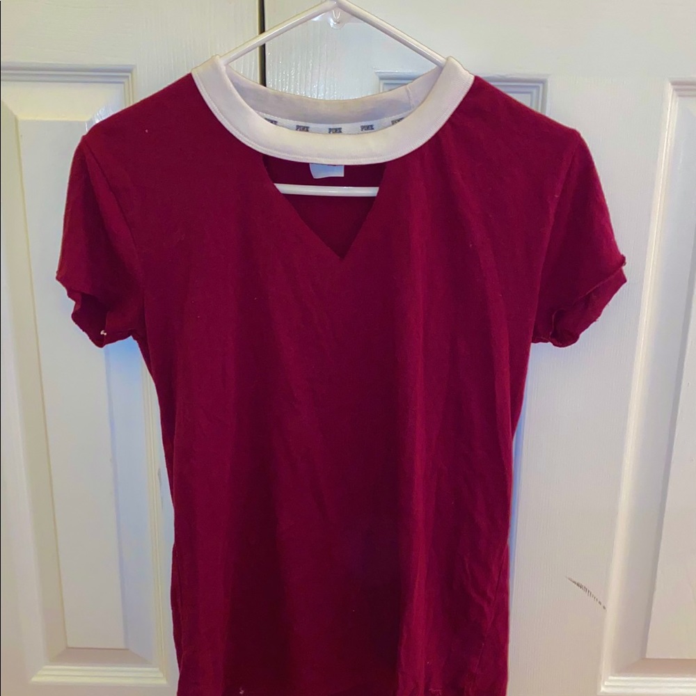 PINK V-cut Maroon Crew Neck Tee
